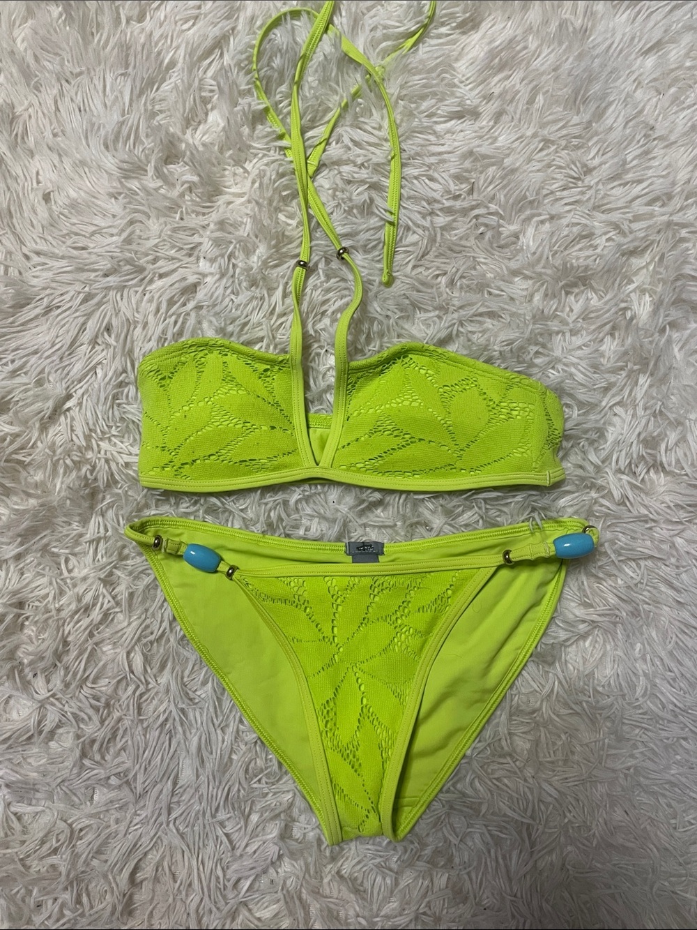 Neon Lime Crochet Bikini Set with Turquoise Bead Accents
